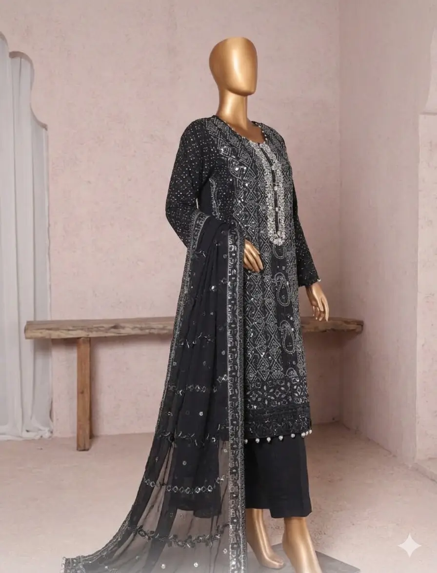 Pakistani Lavish Heavy Embroidered Unstitched Organza Three Piece - Black 2