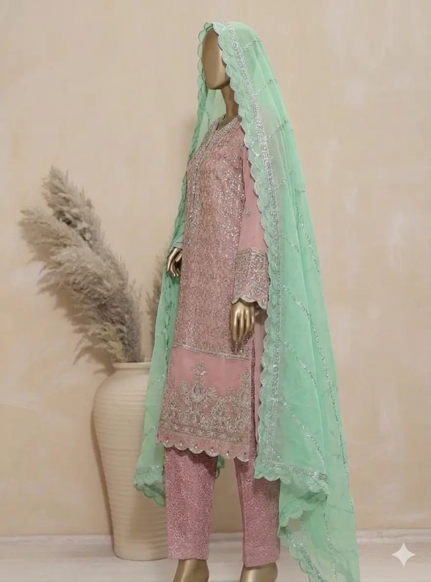 Pakistani Lavish Heavy Embroidered Unstitched Chiffon Three Piece - Oriental Pink 2