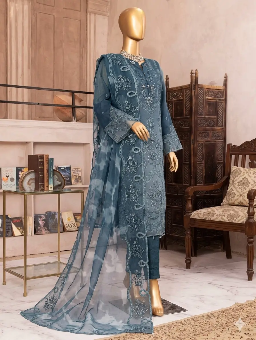 Pakistani Lavish Heavy Embroidered Unstitched Organza Three Piece - Nile Blue 2