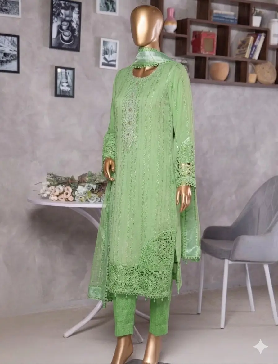 Pakistani Lavish Heavy Embroidered Unstitched Chiffon Three Piece - Tan Green 2