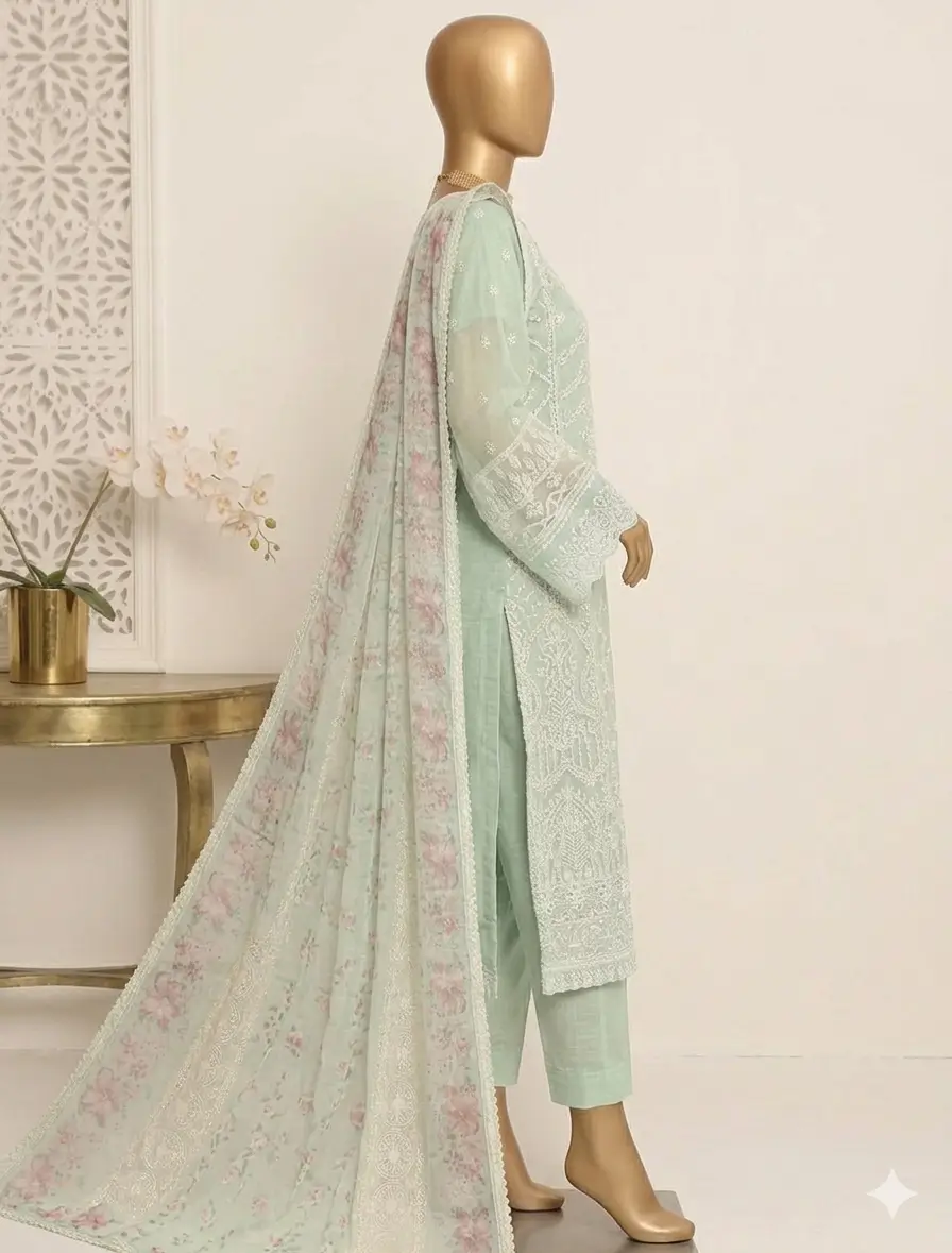 Pakistani Lavish Heavy Embroidered Unstitched Organza Three Piece - Lichen 2