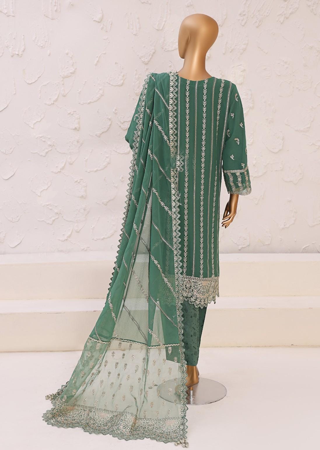 Pakistani Lavish Heavy Embroidered Unstitched Organza Three Piece - Mineral Green 2