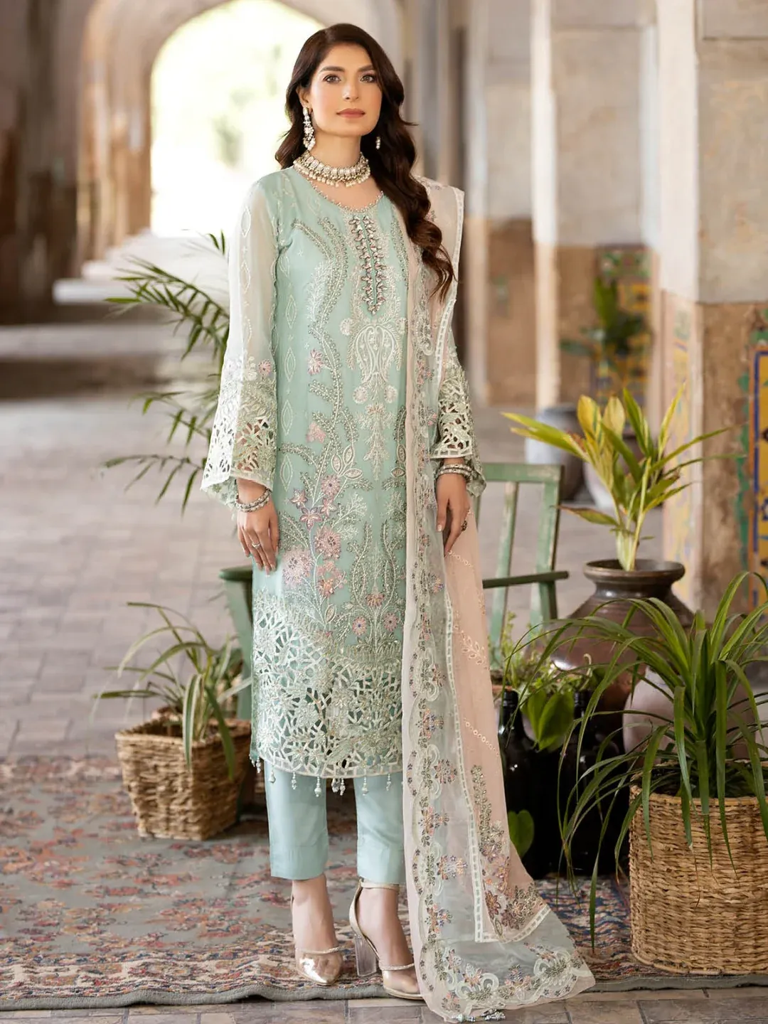 Pakistani Noor Embroidered Unstitched Chiffon Three Piece - Opal 1