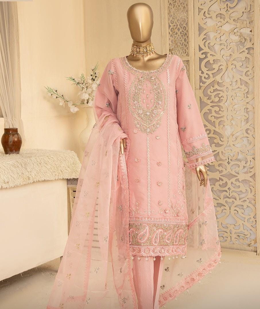 Pakistani Ankahi Karchupi Worked Unstitched Three Piece - Pink 1