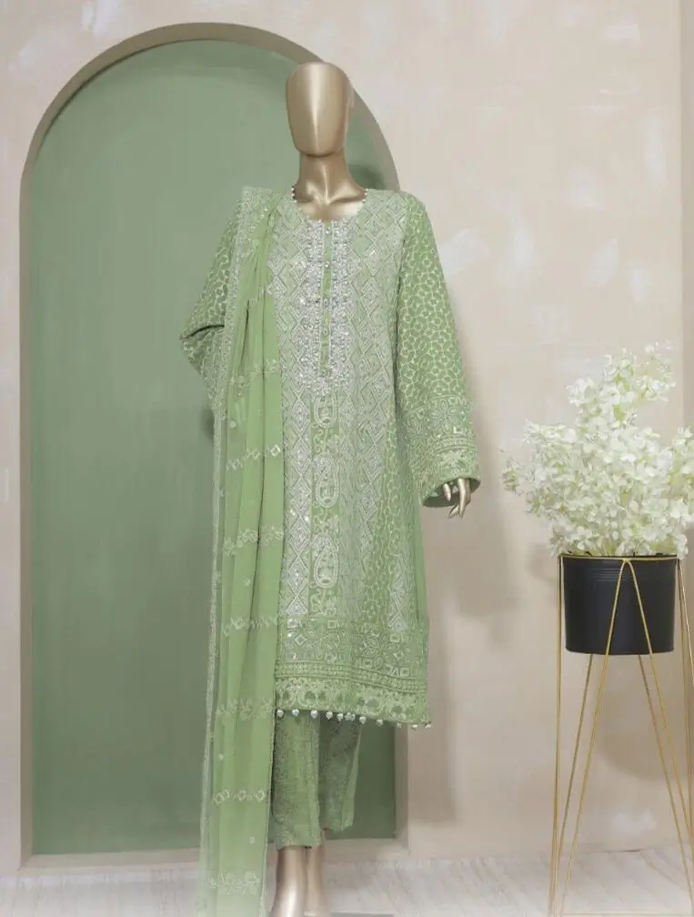 Pakistani Lavish Heavy Embroidered Unstitched Organza Three Piece - Sage 1