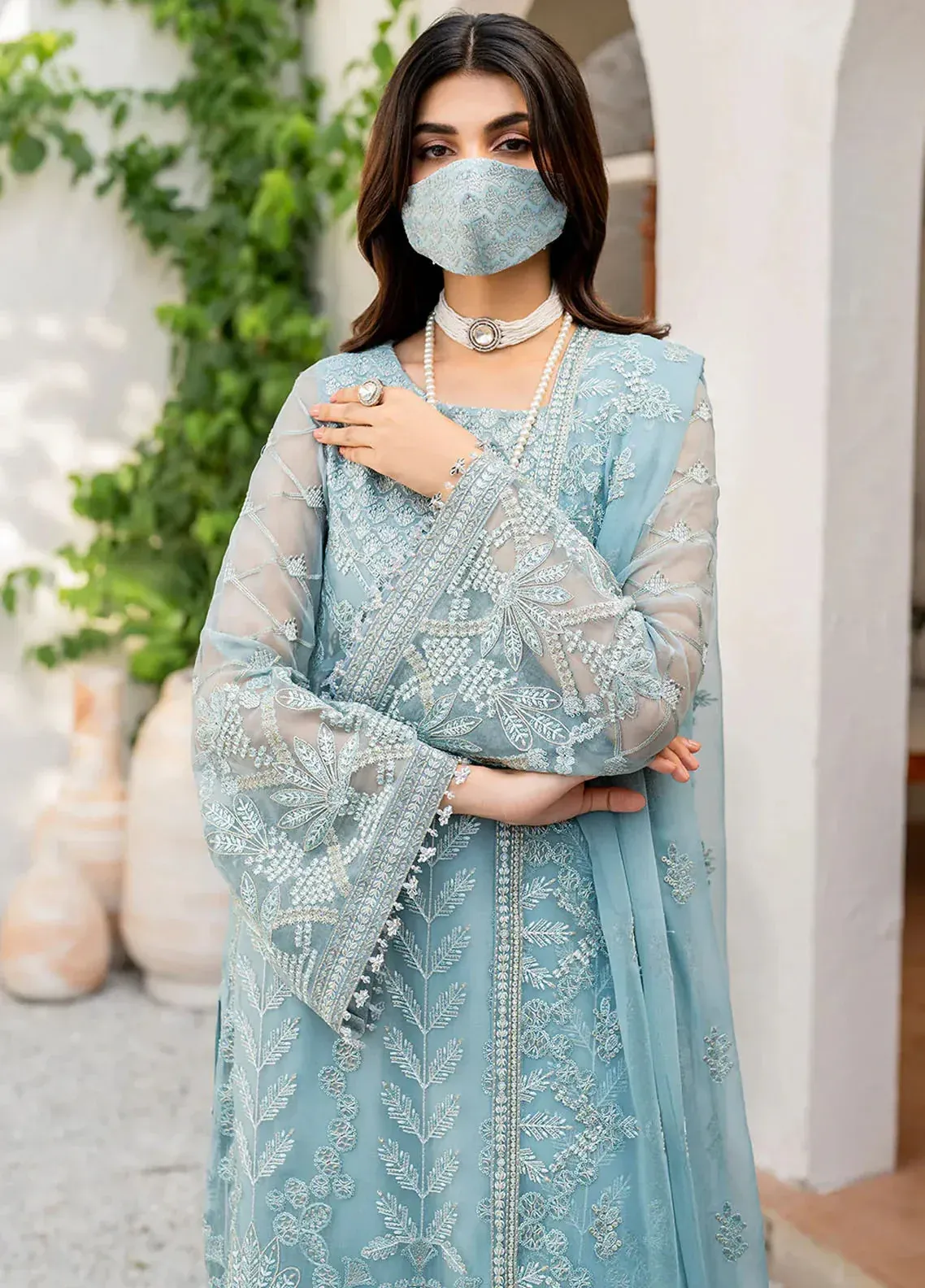 Pakistani Shareef Khanani Unstitched Luxury Chiffon Three Piece - Glacier 3