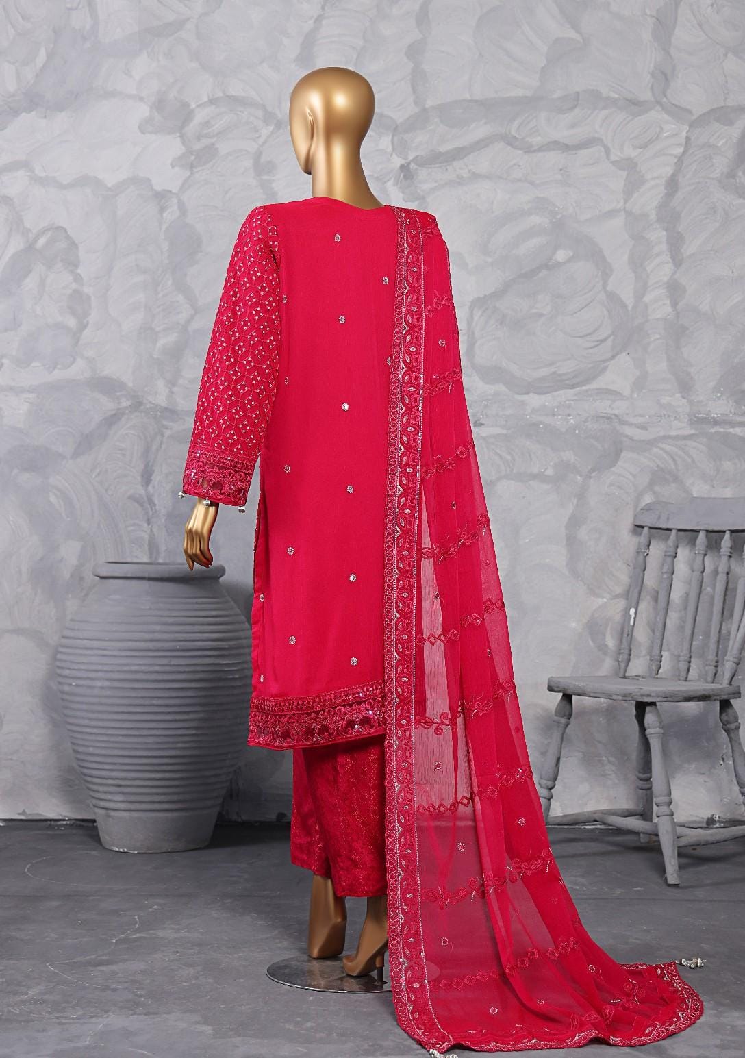 Pakistani Lavish Heavy Embroidered Unstitched Organza Three Piece - Cardinal 2