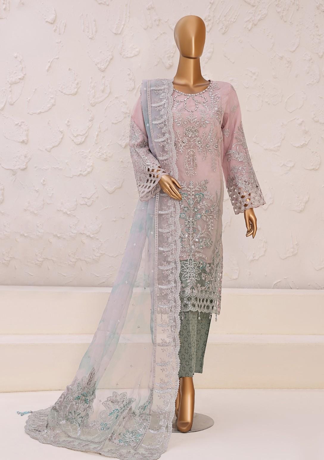 Pakistani Lavish Heavy Embroidered Unstitched Organza Three Piece - Pink Swan 1
