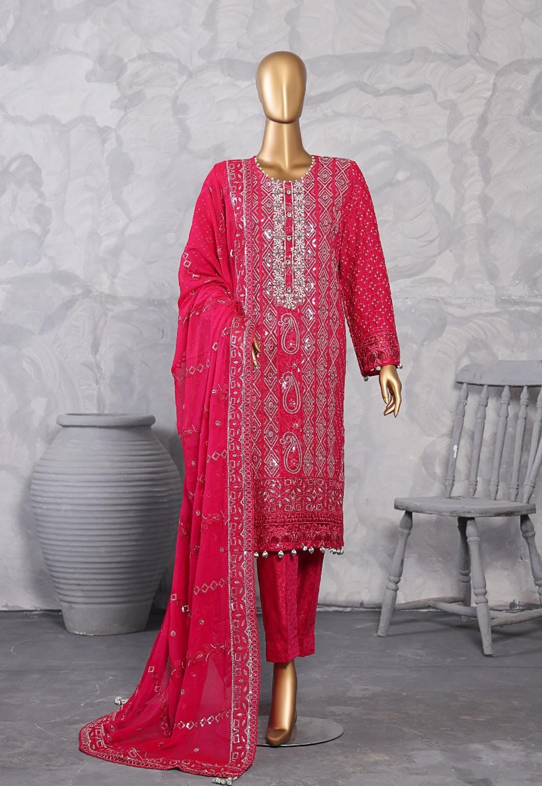 Pakistani Lavish Heavy Embroidered Unstitched Organza Three Piece - Cardinal 1