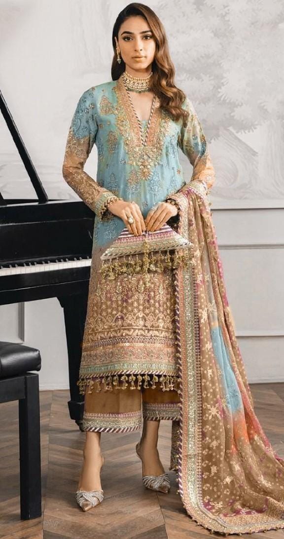 Pakistani Maaria Unstitched Luxury Chiffon Three Piece - Blue X Cocoa 1