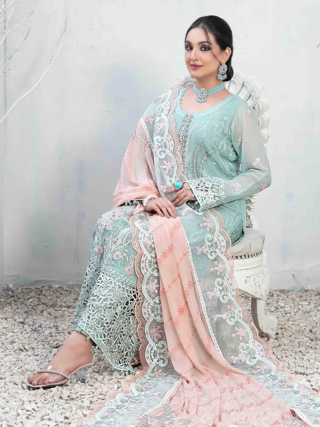 Pakistani Alsaba Unstitched Luxury Chiffon Three Piece - Coral Blue 2