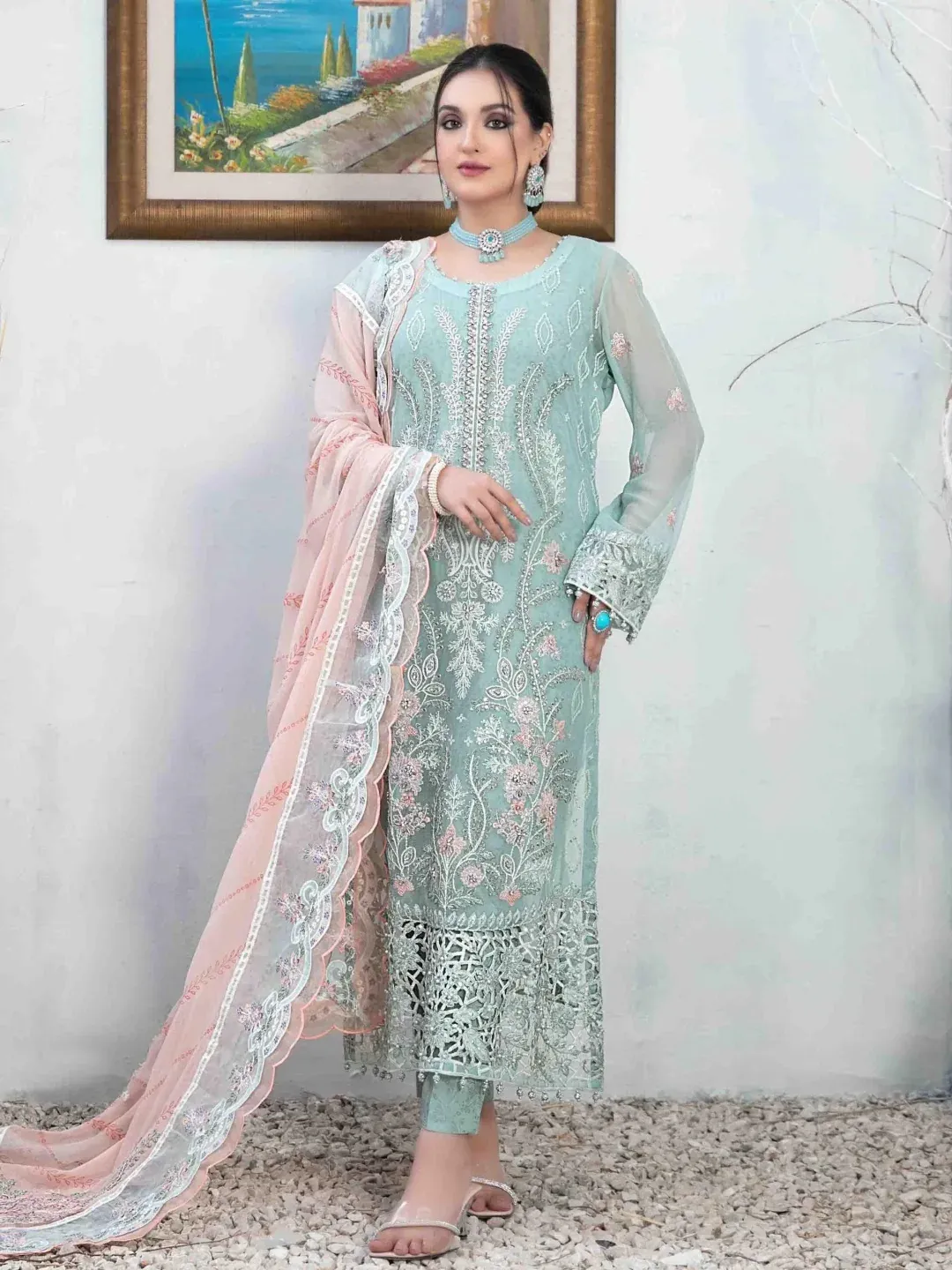 Pakistani Alsaba Unstitched Luxury Chiffon Three Piece - Coral Blue 1