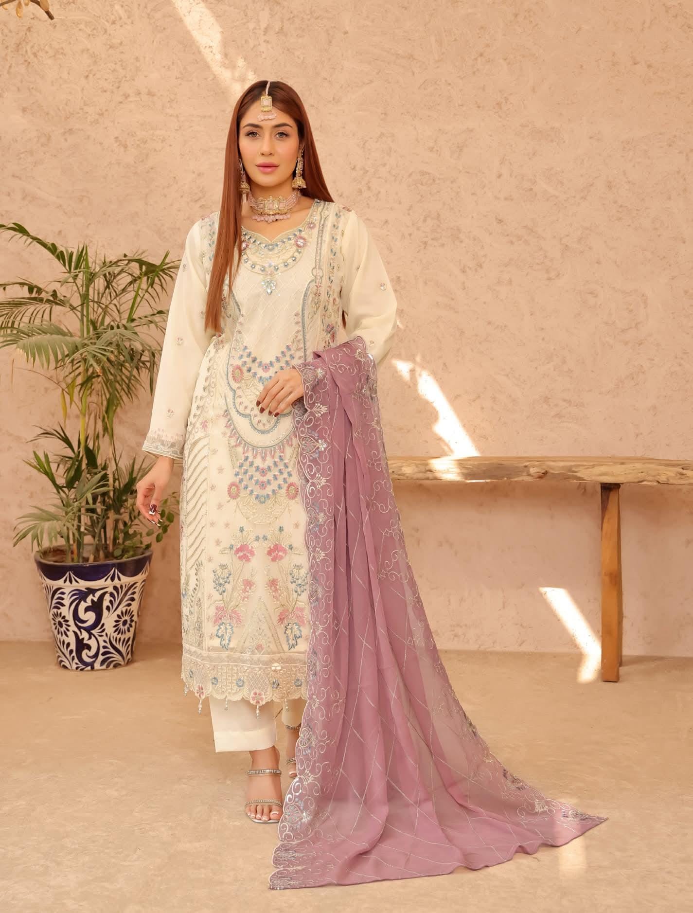 Pakistani Bin Hameed Middhat Embroidered Unstitched Chiffon Three Piece - Maize | | 1