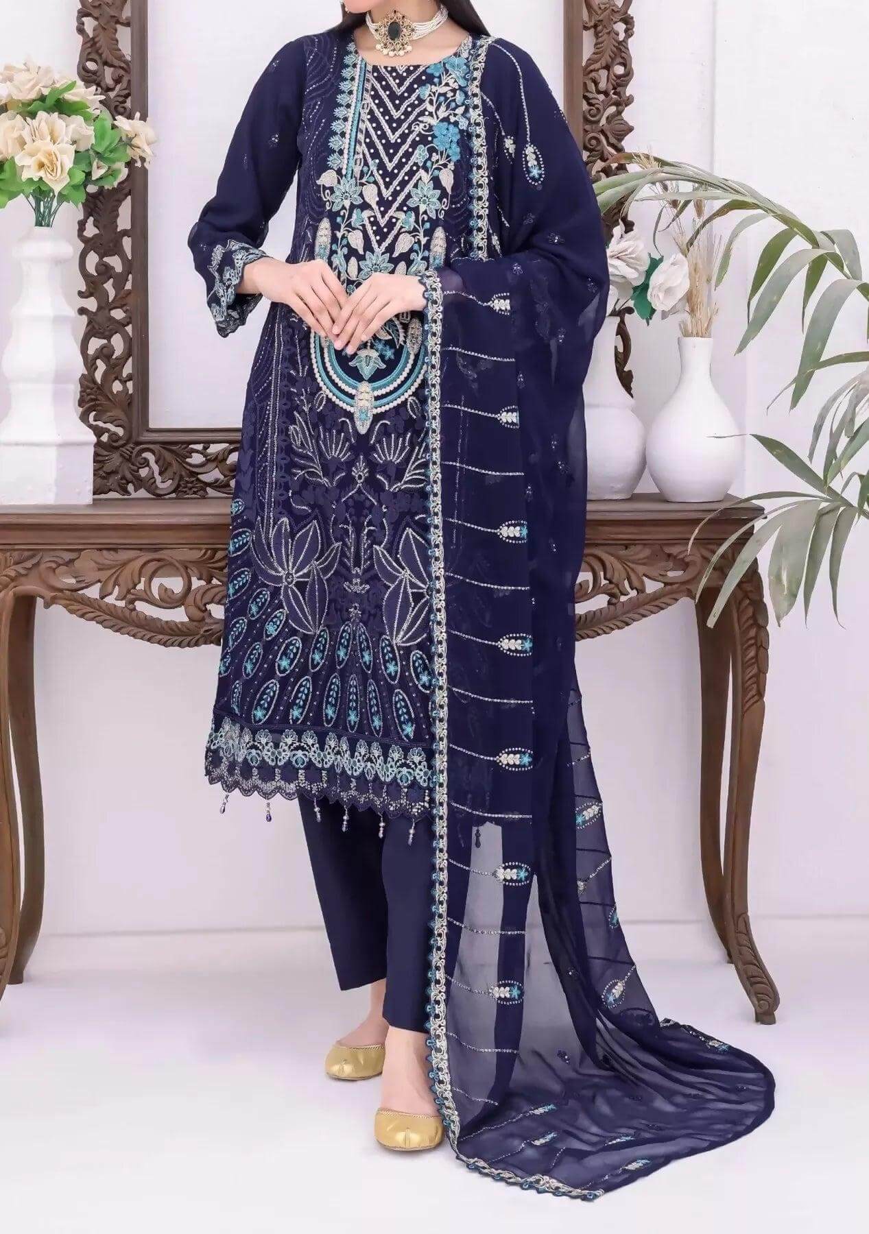 Pakistani Bin Hameed Horain Embroidered Unstitched Chiffon Three Piece - Blue Zodiac 1
