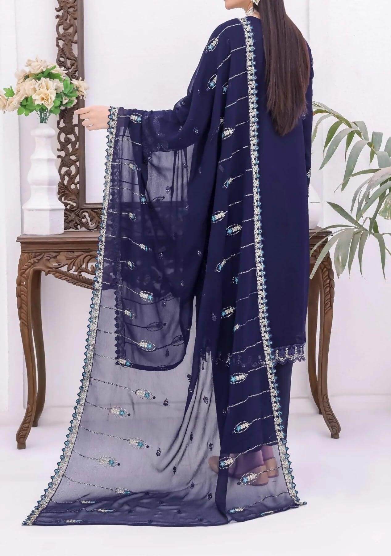 Pakistani Bin Hameed Horain Embroidered Unstitched Chiffon Three Piece - Blue Zodiac 2