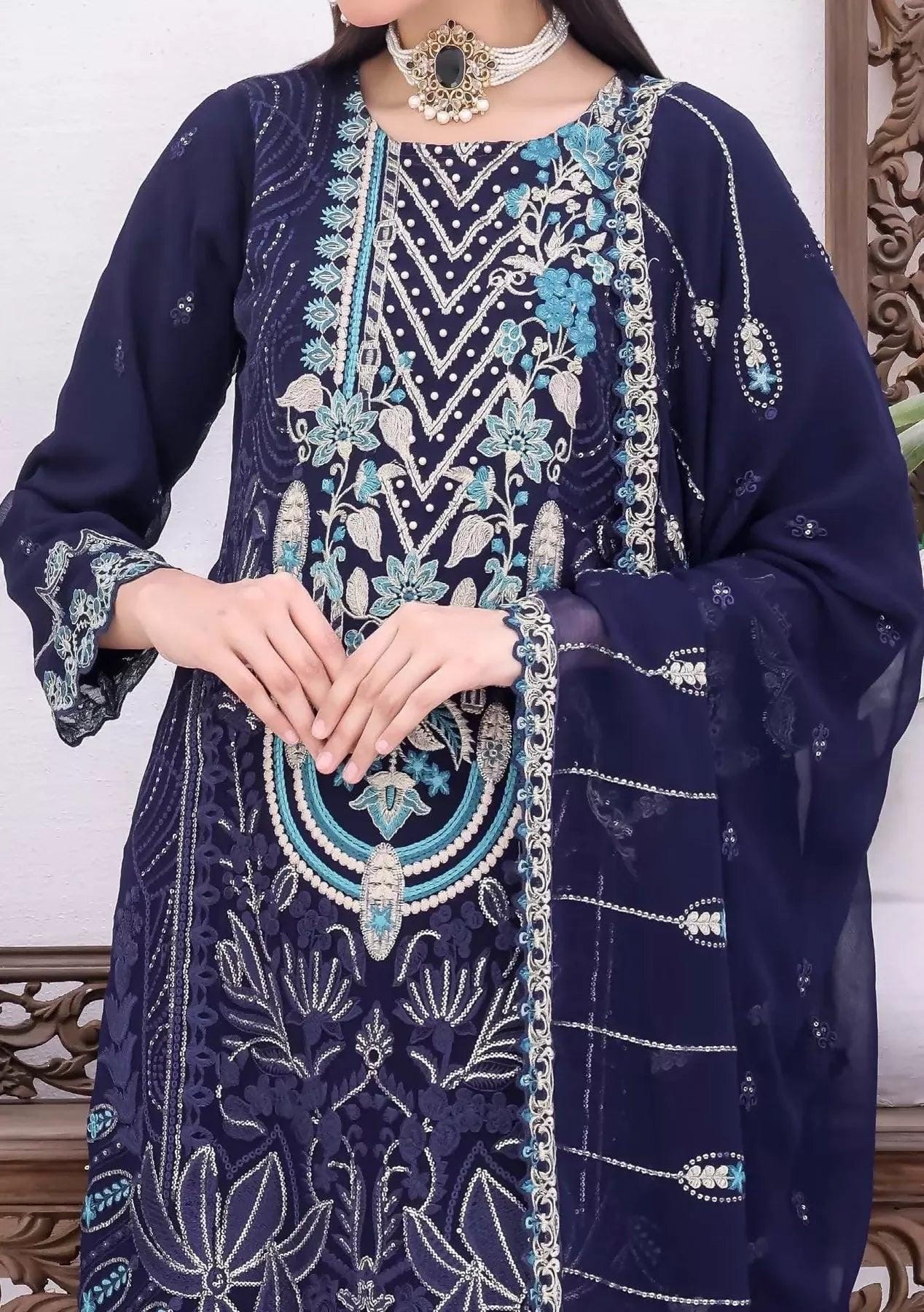 Pakistani Bin Hameed Horain Embroidered Unstitched Chiffon Three Piece - Blue Zodiac | | 2