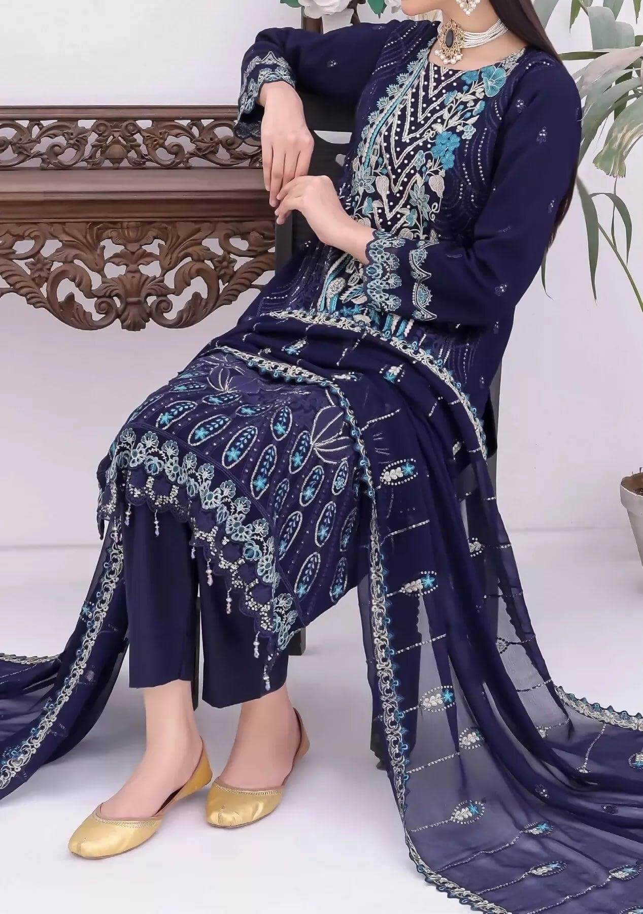 Pakistani Bin Hameed Horain Embroidered Unstitched Chiffon Three Piece - Blue Zodiac 3