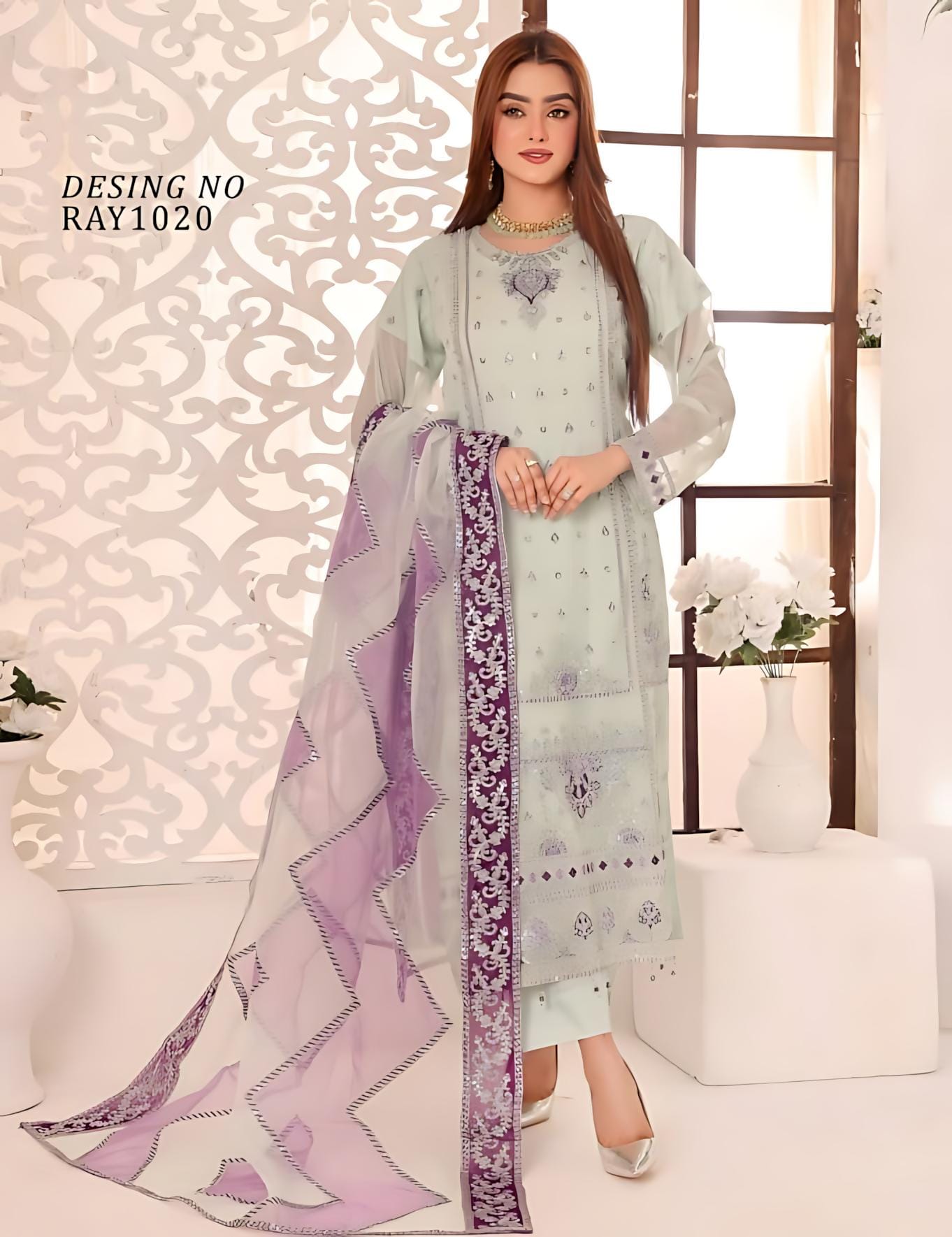 Pakistani Bin Hameed Middhat Embroidered Unstitched Chiffon Three Piece - Pale Leaf 1