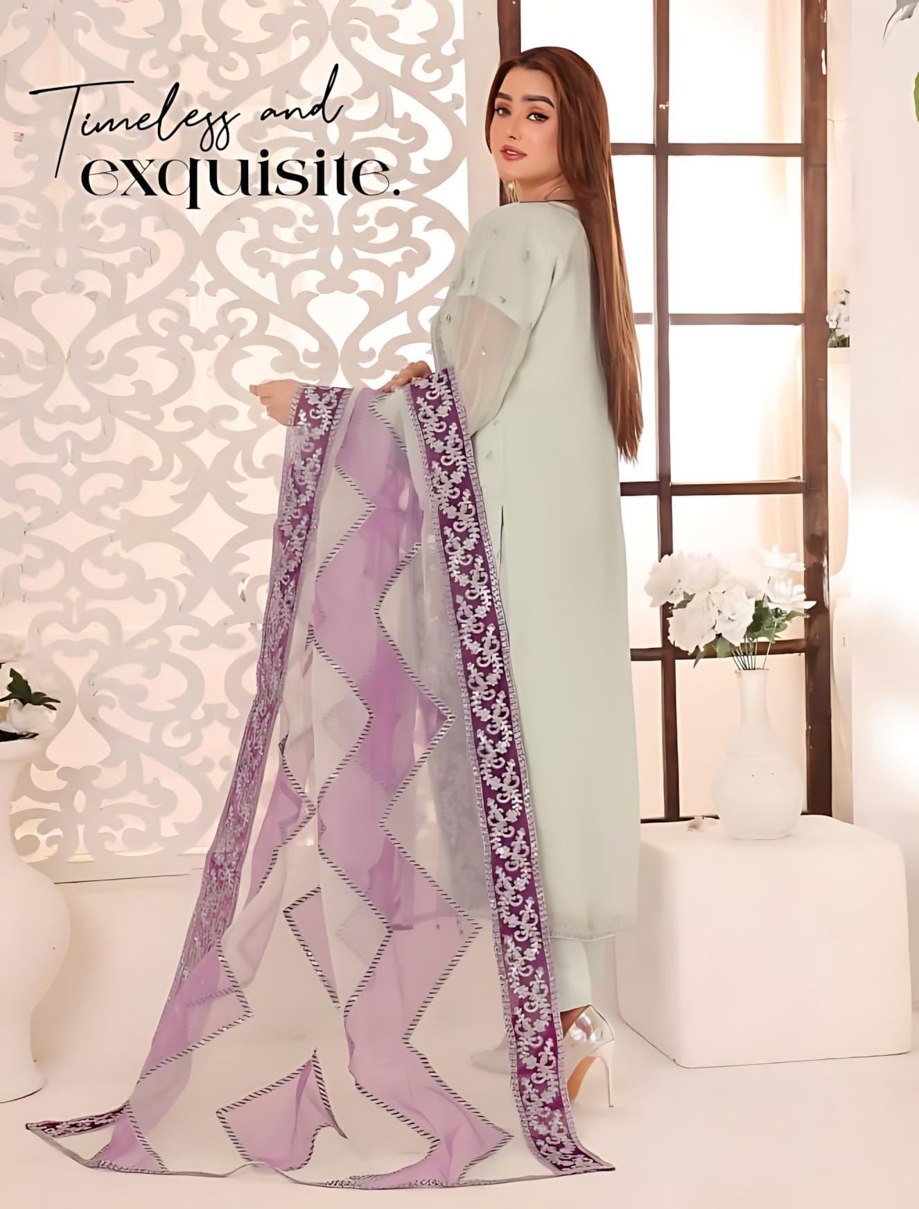 Pakistani Bin Hameed Middhat Embroidered Unstitched Chiffon Three Piece - Pale Leaf 2