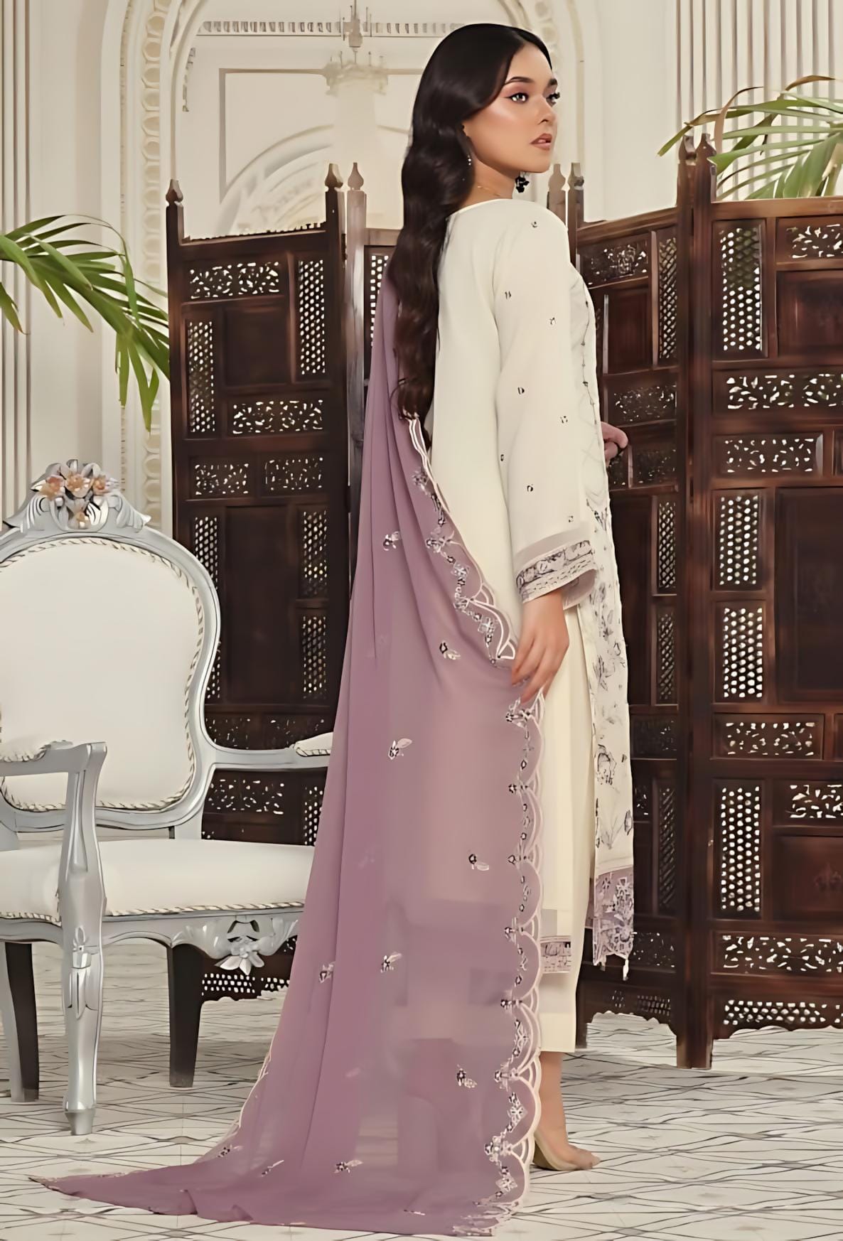 Pakistani Bin Hameed Middhat Embroidered Unstitched Chiffon Three Piece - Spanish White 2