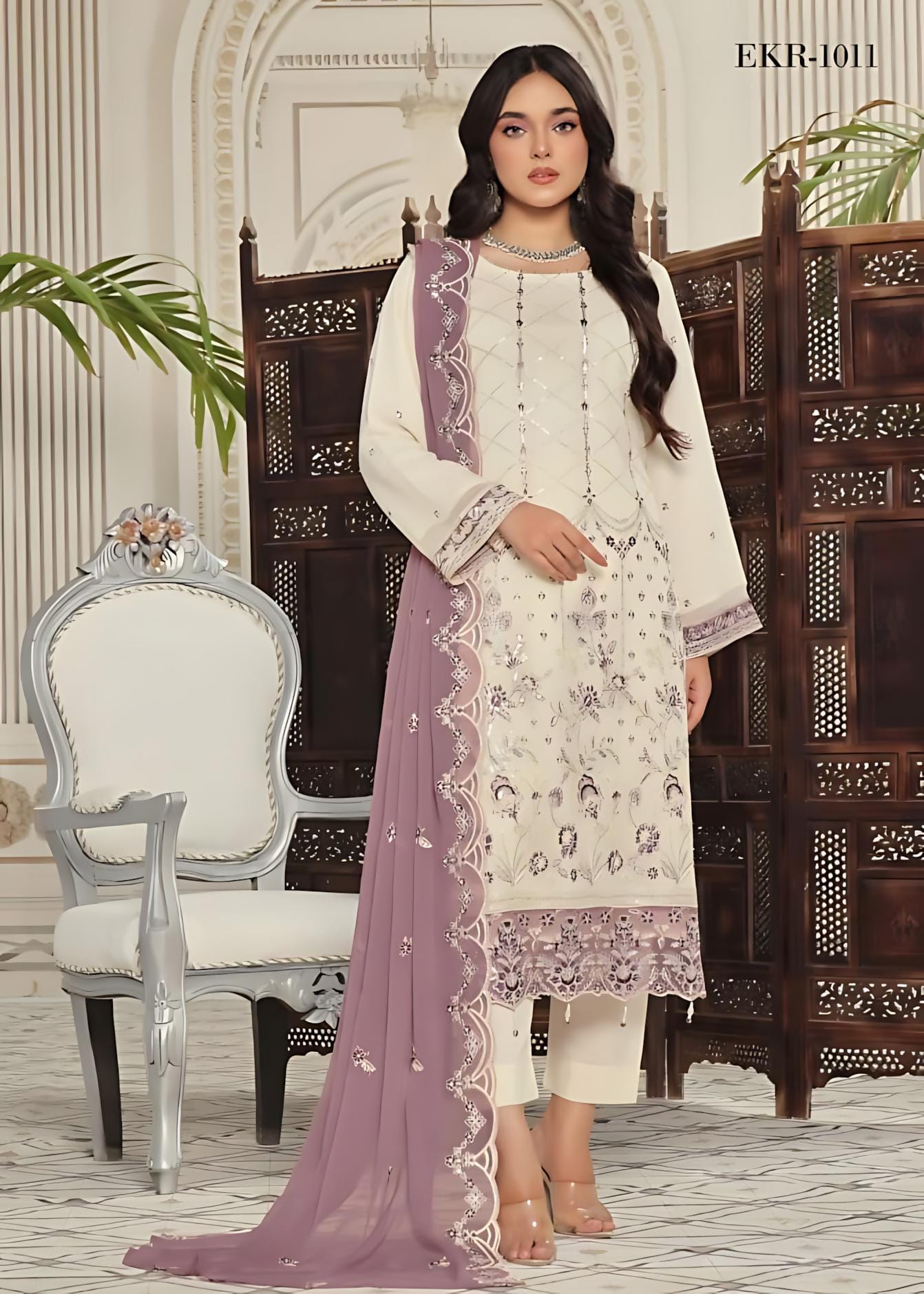 Pakistani Bin Hameed Middhat Embroidered Unstitched Chiffon Three Piece - Spanish White 1
