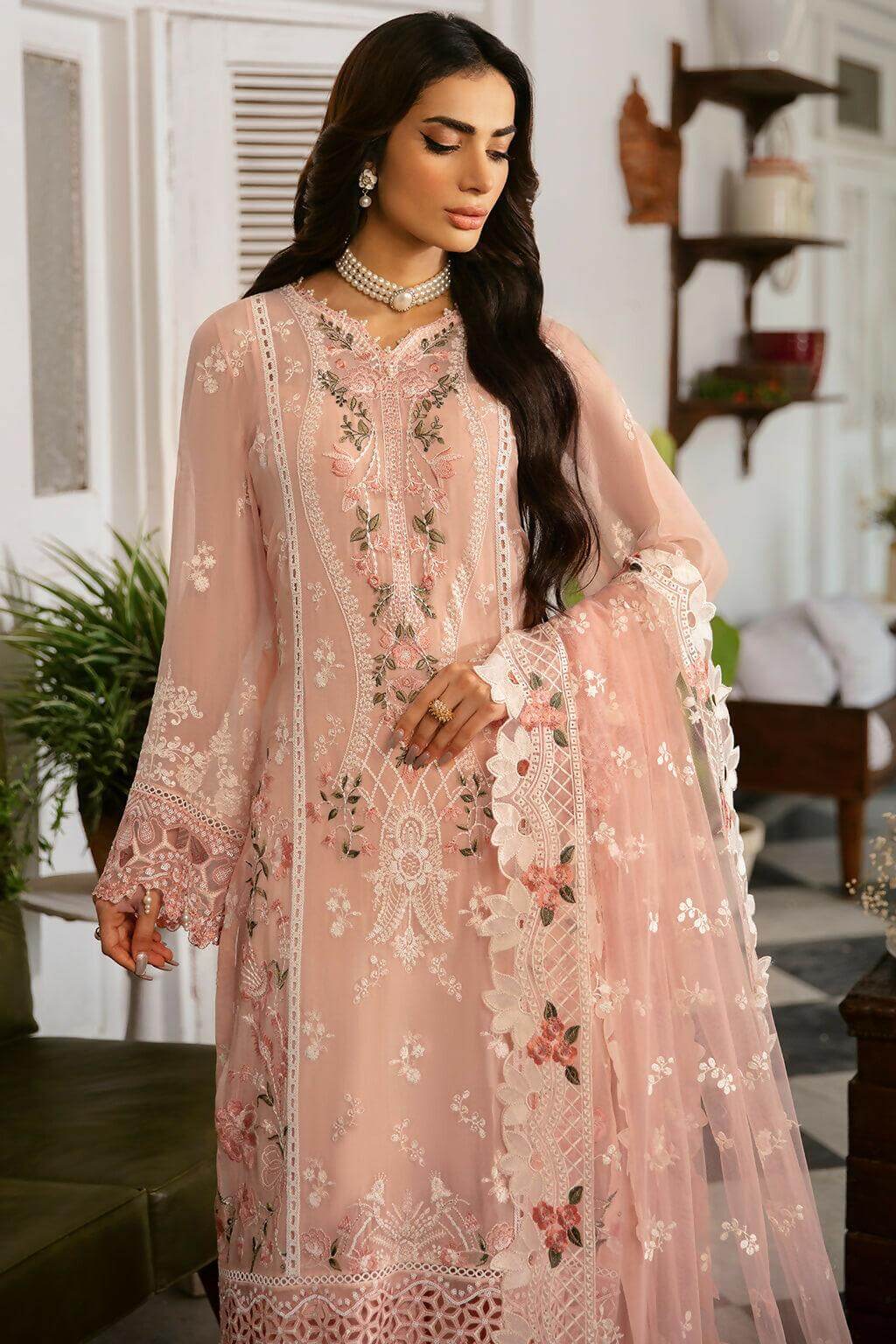 Pakistani Dastak by Ramsha Embroidered Chiffon Unstitched Three Piece - Tacao 4