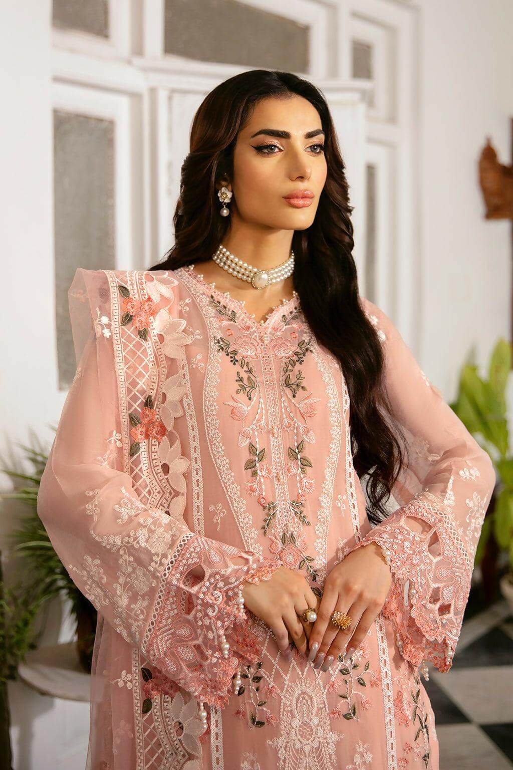 Pakistani Dastak by Ramsha Embroidered Chiffon Unstitched Three Piece - Tacao 2