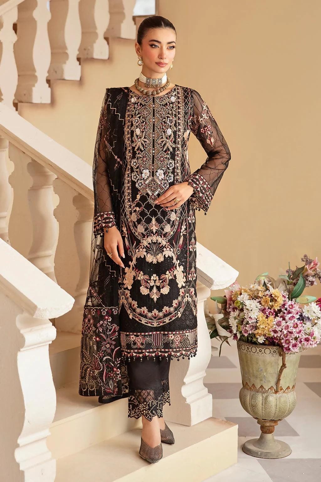 Pakistani Minhal by Ramsha Embroidered Organza Unstitched Three Piece - Dark 1