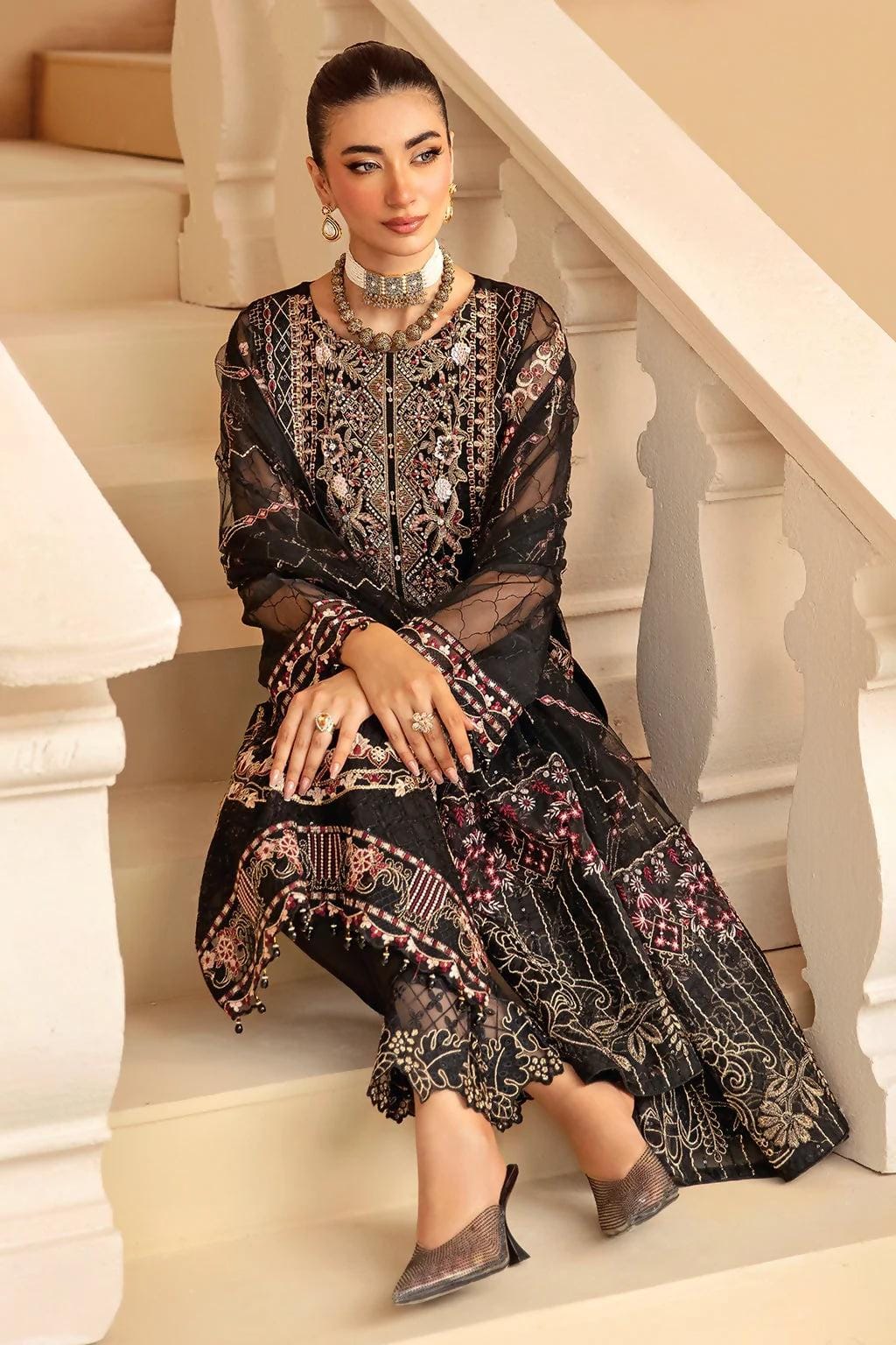 Pakistani Minhal by Ramsha Embroidered Organza Unstitched Three Piece - Dark 4