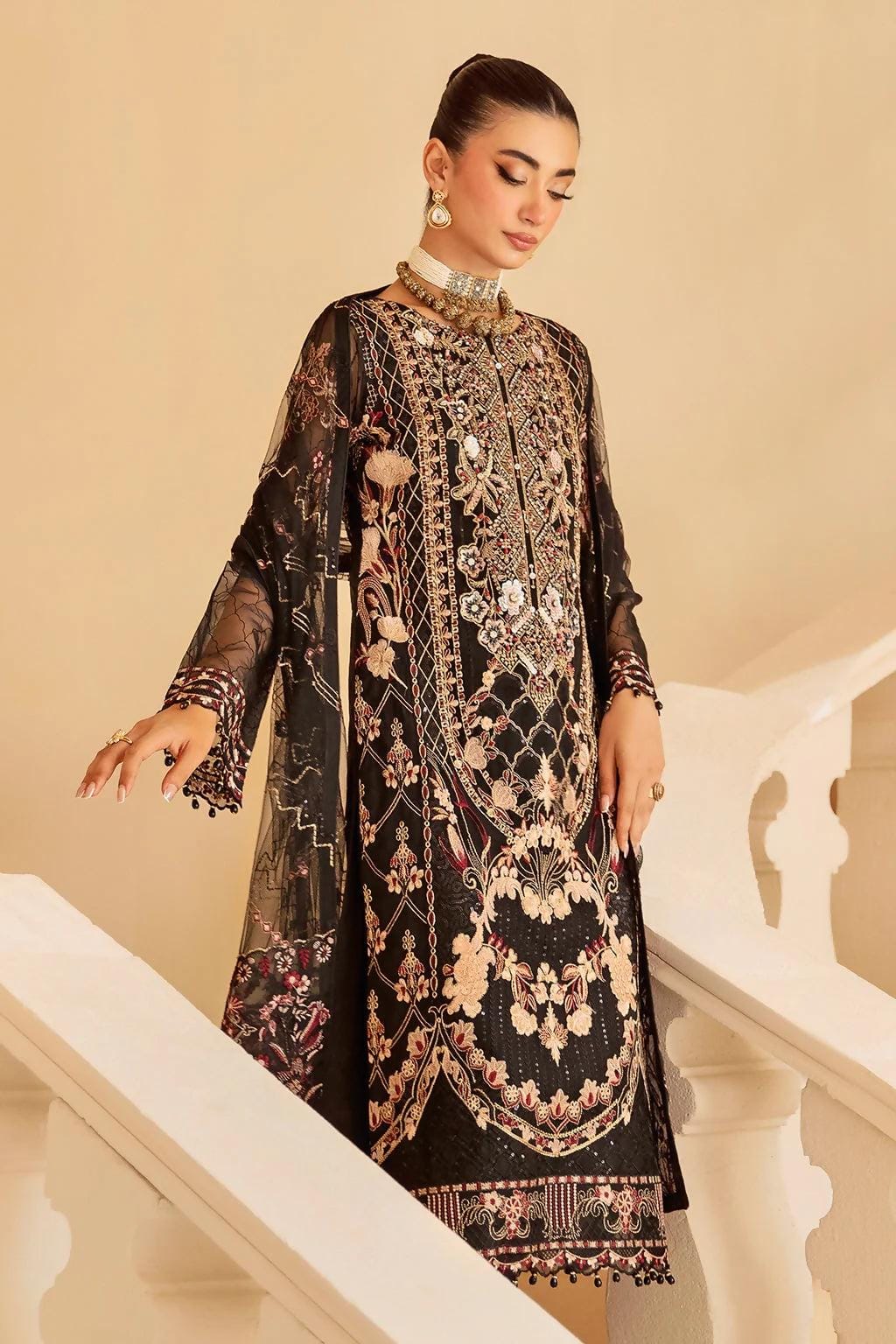 Pakistani Minhal by Ramsha Embroidered Organza Unstitched Three Piece - Dark 3
