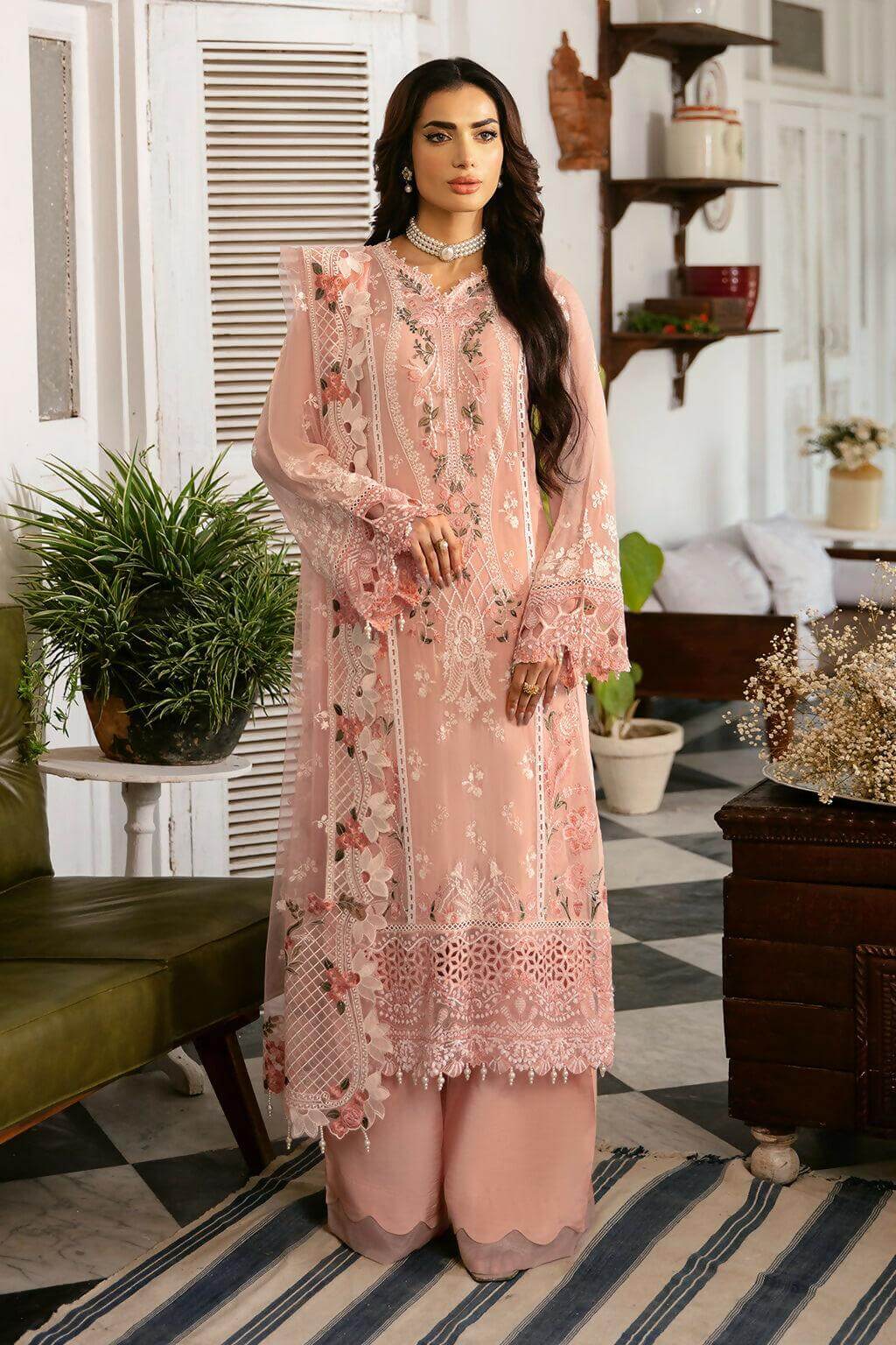 Pakistani Dastak by Ramsha Embroidered Chiffon Unstitched Three Piece - Tacao 1
