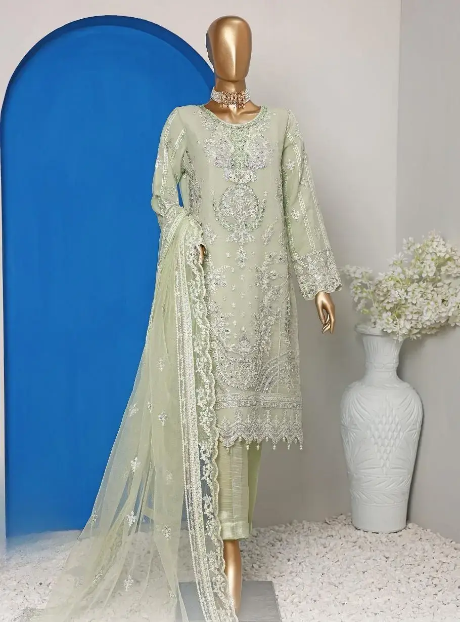 Pakistani Lavish Karchupi Worked Unstitched Organza Three Piece - Sage 1