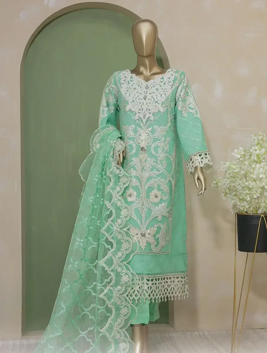 Pakistani Lavish Karchupi Worked Unstitched Organza Three Piece - Neptune 1