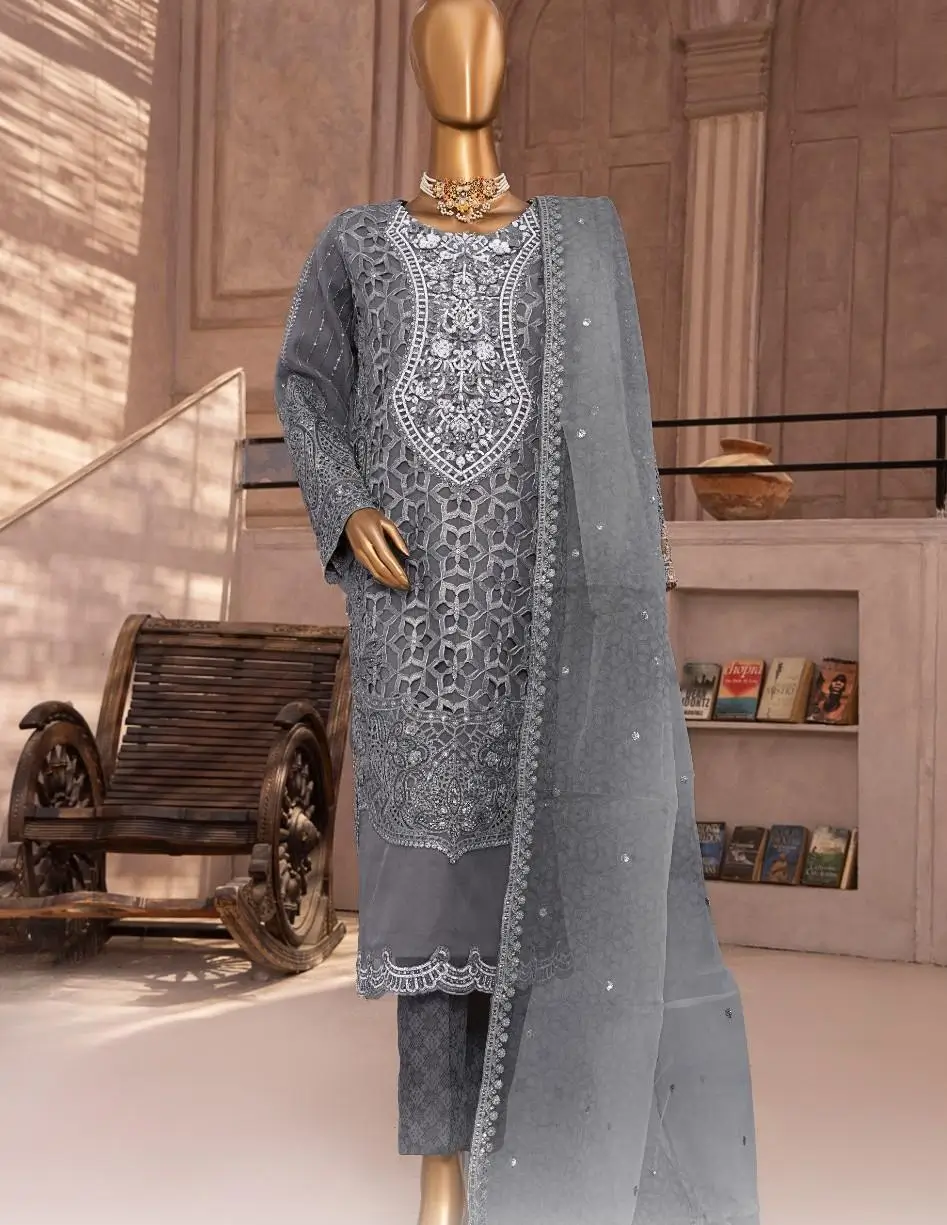 Pakistani Lavish Karchupi Worked Unstitched Organza Three Piece - Flint 1