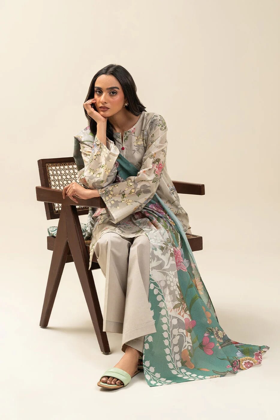 Pakistani Beechtree Lawn Unstitched Three Piece - Beige 2