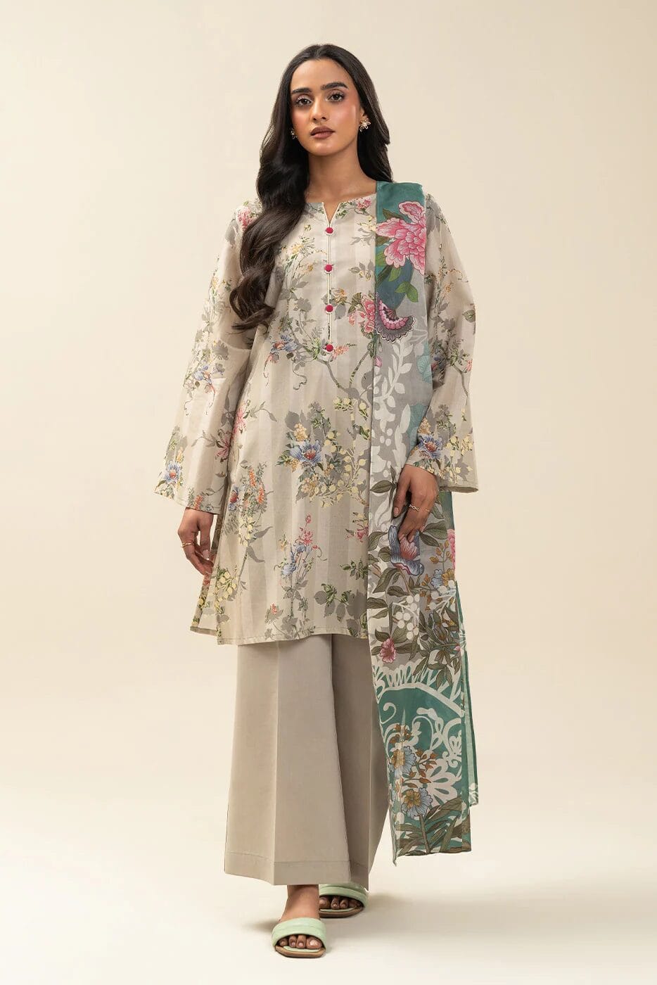 Pakistani Beechtree Lawn Unstitched Three Piece - Beige 1