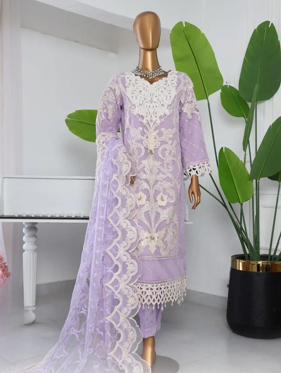 Pakistani Lavish Karchupi Worked Unstitched Organza Three Piece - Lavender 1