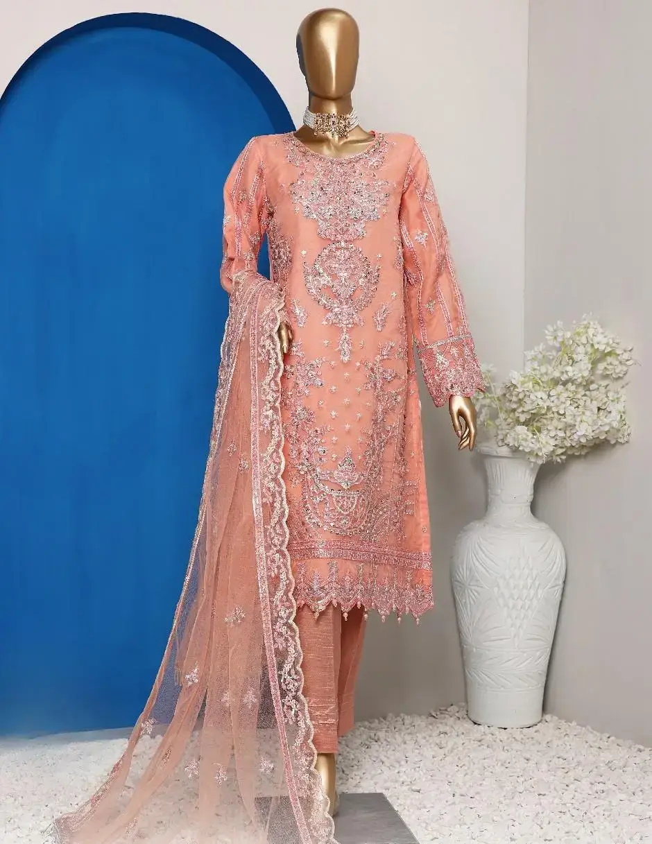 Pakistani Lavish Karchupi Worked Unstitched Organza Three Piece - Tacao 1