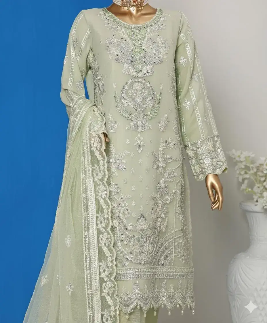 Pakistani Lavish Karchupi Worked Unstitched Organza Three Piece - Sage 2