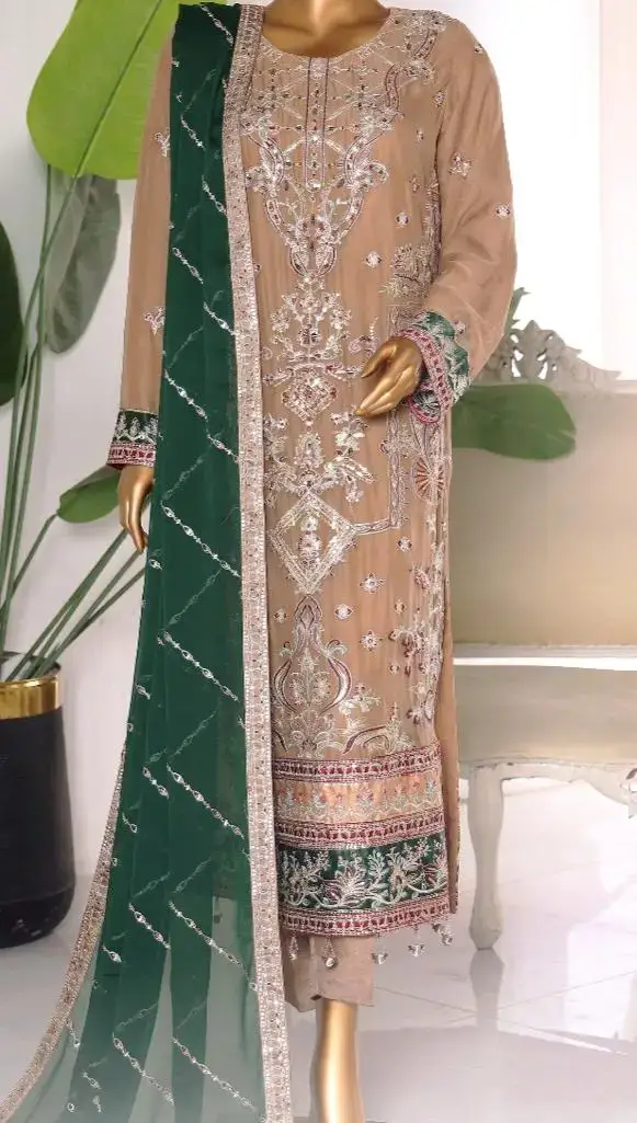 Pakistani Lavish Karchupi Worked Unstitched Organza Three Piece - Mocha 2