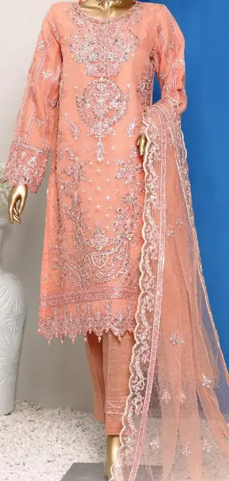 Pakistani Lavish Karchupi Worked Unstitched Organza Three Piece - Tacao 2