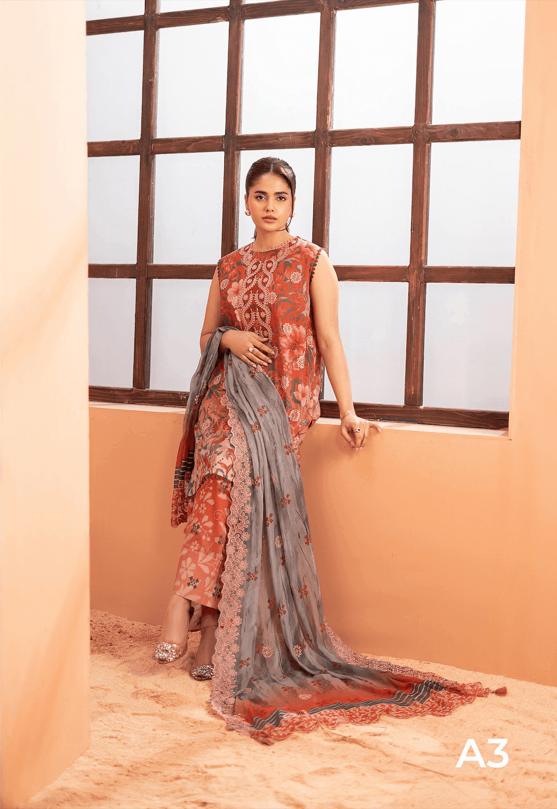 Pakistani Mishaal V3 by Gulljee Unstitched Three Piece -Orange Rust 1