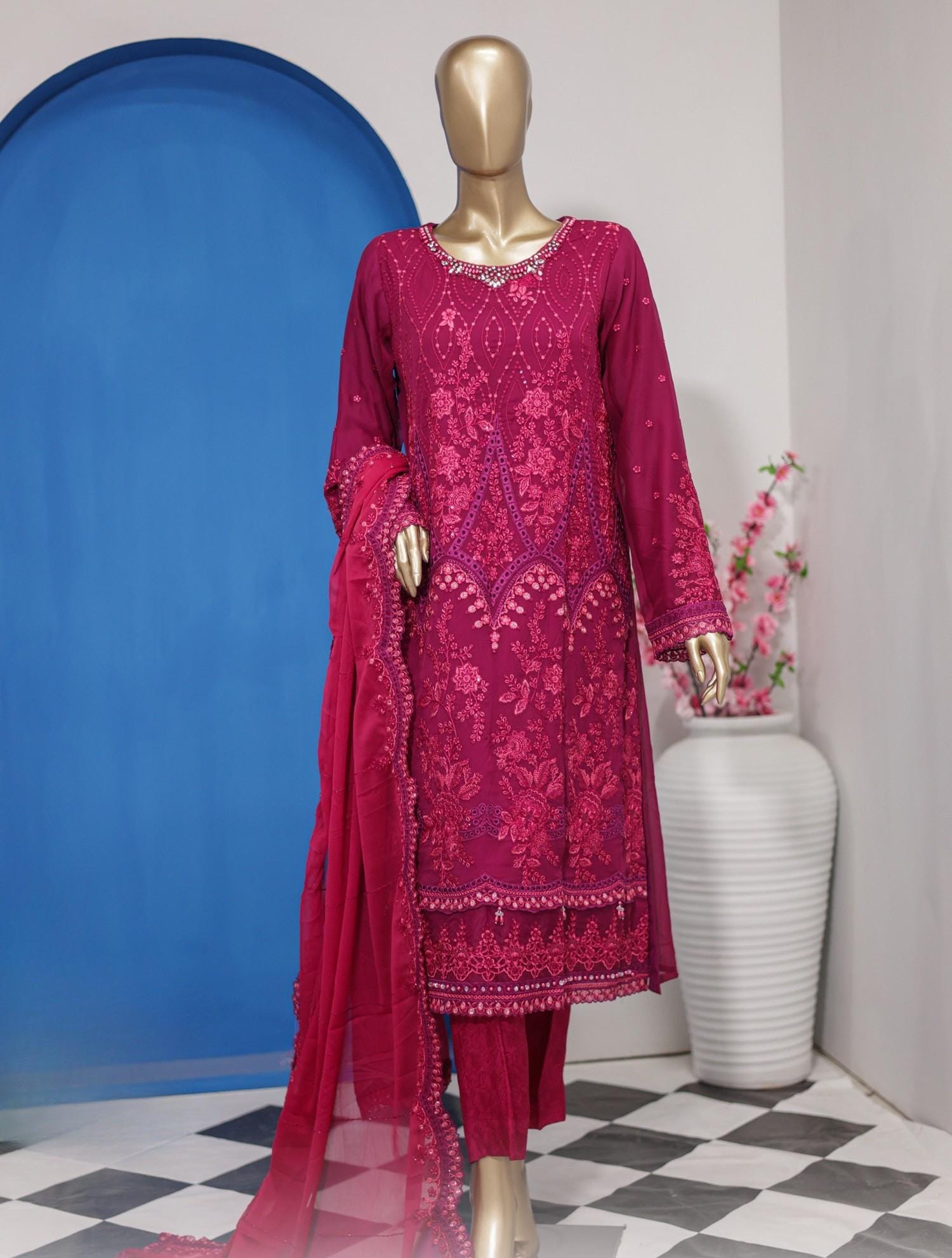 Pakistani Lavish Karchupi Worked Unstitched Chiffon Three Piece - Mulberry 1