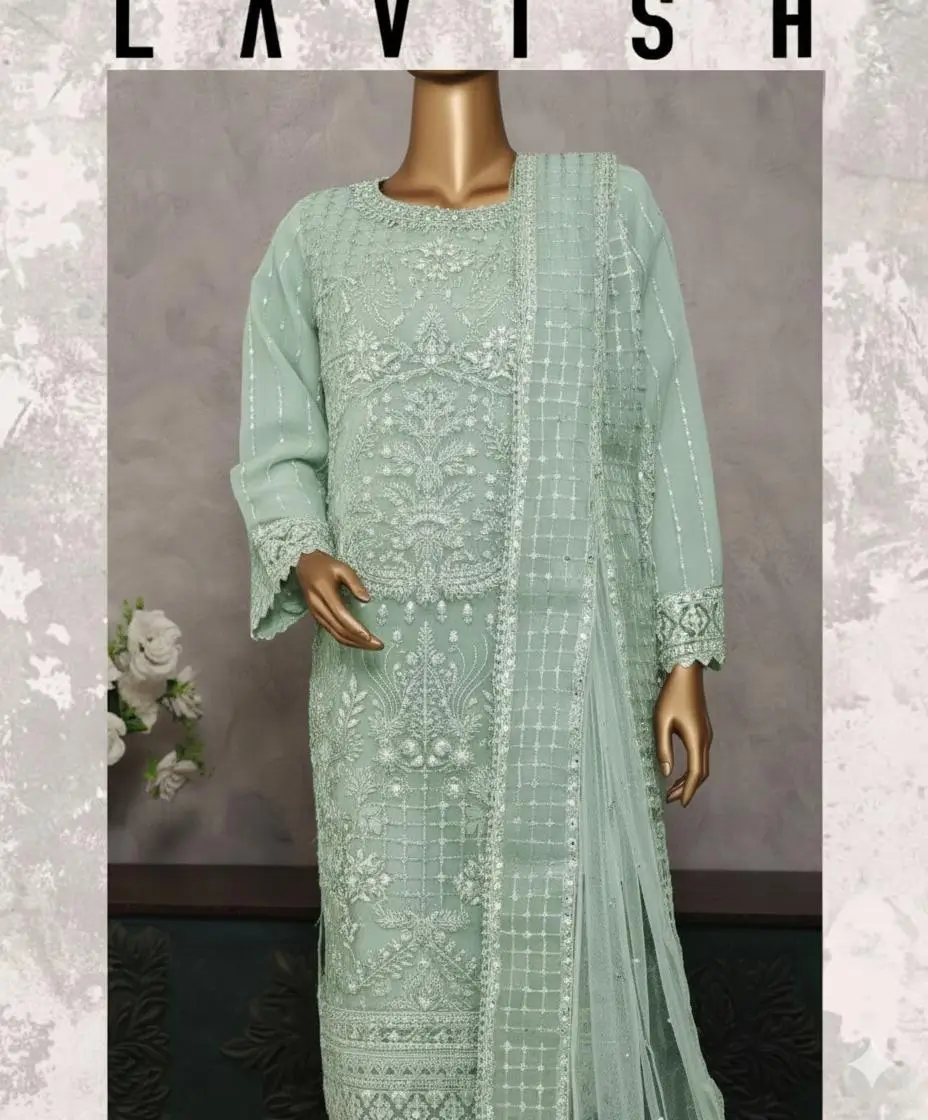 Pakistani Lavish Karchupi Worked Unstitched Organza Three Piece - Cascade 2