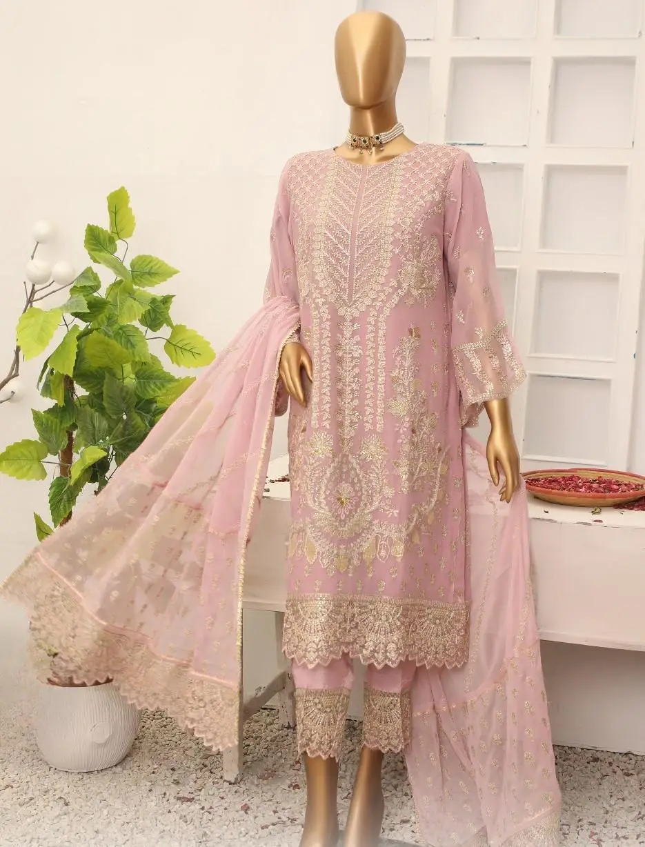 Pakistani Lavish Karchupi Worked Unstitched Organza Three Piece - Petite Orchid 1