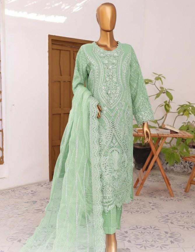 Pakistani Lavish Karchupi Worked Unstitched Organza Three Piece - Lichen 1