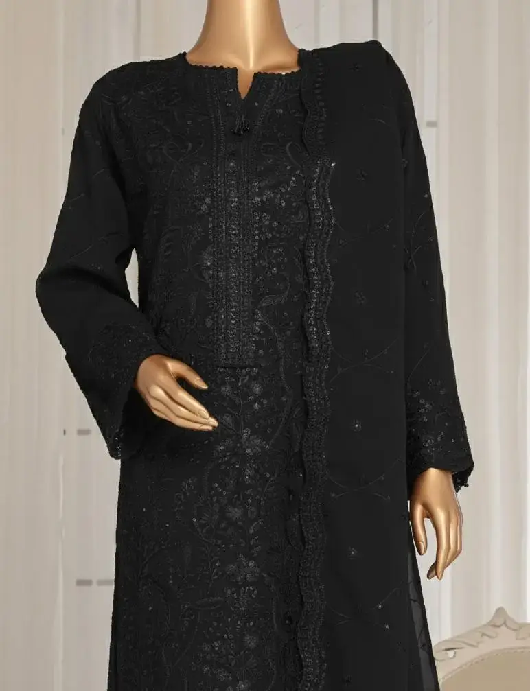 Pakistani Lavish Karchupi Worked Unstitched Chiffon Three Piece - Dark 2