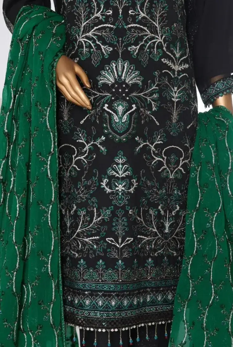 Pakistani Lavish Karchupi Worked Unstitched Chiffon Three Piece - Como 2