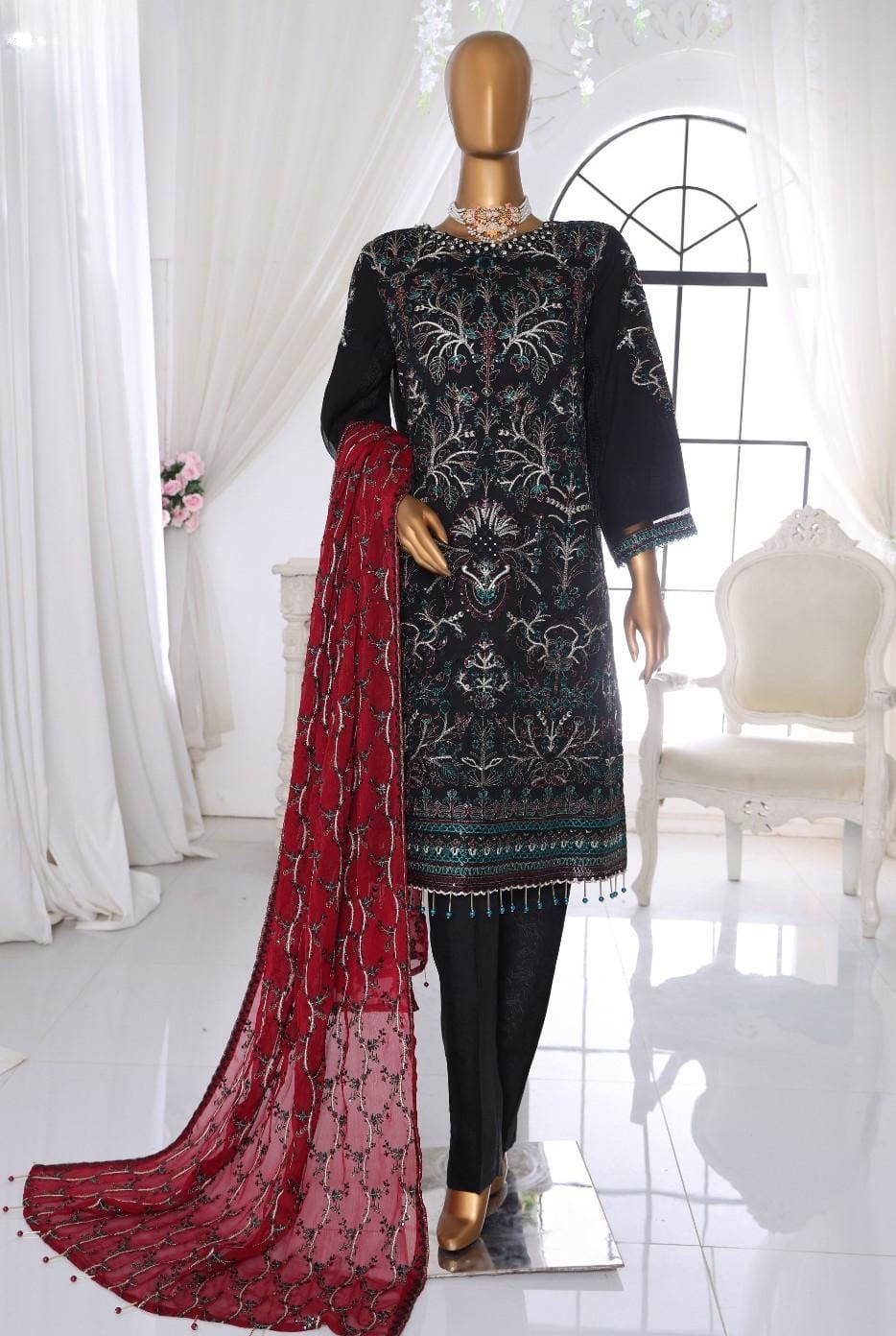 Pakistani Ankahi Karchupi Worked Unstitched Chiffon Three Piece - Gondola 1
