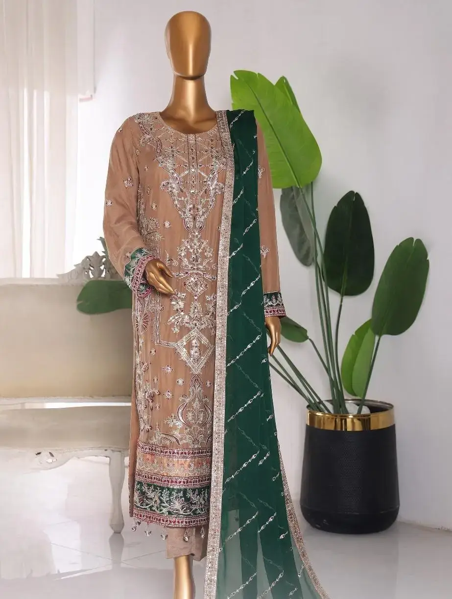 Pakistani Lavish Karchupi Worked Unstitched Organza Three Piece - Mocha 1